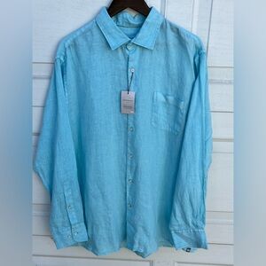 Men's Peter Millar 100% Linen button down Long Sleeve Shirt aqua blue XL NWT